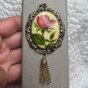 Vintage Rose Cameo Pendant w/ Tassel – Gold Tone Statement
